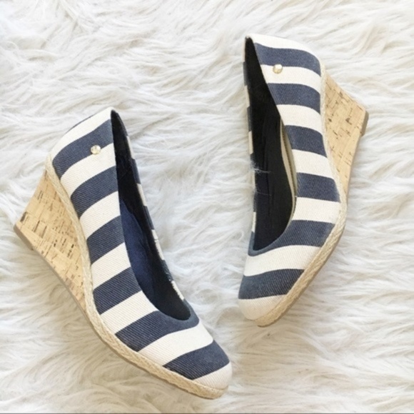 Life Stride Shoes - Life Stride Navy Blue Striped Straw Wedges